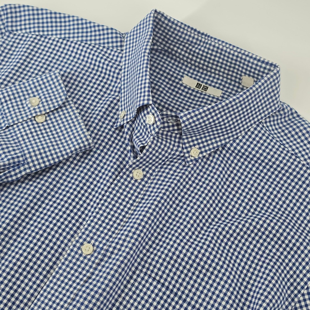 Uniqlo Button Down Shirt Mens Large Blue Gingham Check Long Sleeve Cotton Pocket